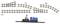 'Model railway set with 6 straight, 2 left-turning and 8 right-turning tracks. Also includes a small locomotive with a seated figure.'