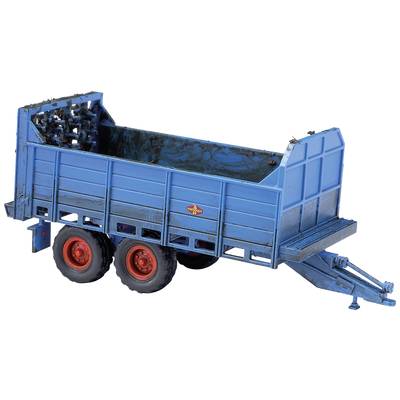 Blue agricultural trailer with red wheels, two axles and an open loading area. Suitable for transporting goods.