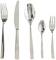 Five pieces of cutlery in gleaming stainless steel: fork, knife, tablespoon, teaspoon and dessert fork arranged side by side.