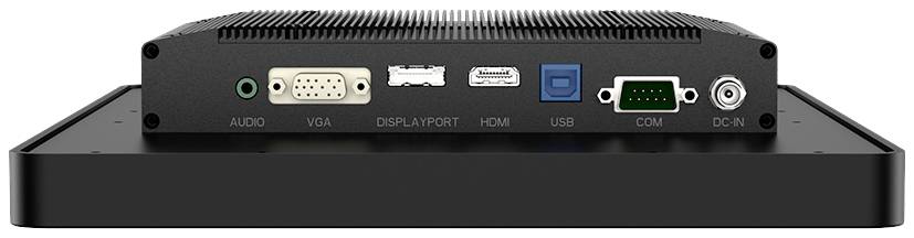Back of an electronic device with connections: Audio, VGA, DisplayPort, HDMI, USB, COM and DC input.