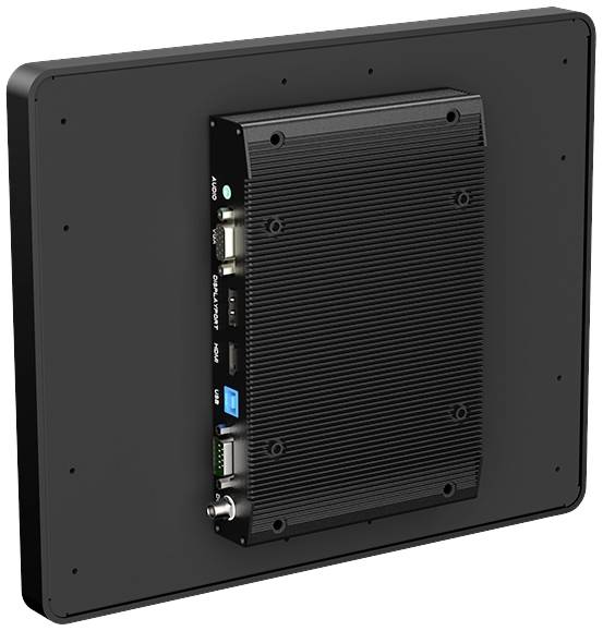 'Rear view of an electronic device with multiple ports and cooling fins, mounted on a rectangular plate.'