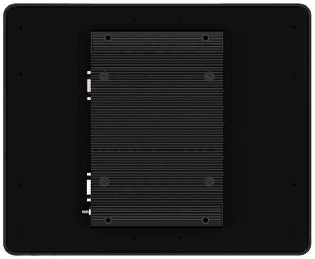 Back of a black electronic device with a visible heat sink in the middle. It shows connections and screw holes.