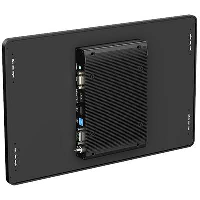 A rectangular, black computer with multiple ports on the side, including USB and HDMI ports, is mounted on a black stand.