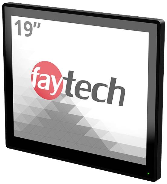 19-inch touchscreen monitor by Faytech, with a black frame, displaying the Faytech logo on the screen.