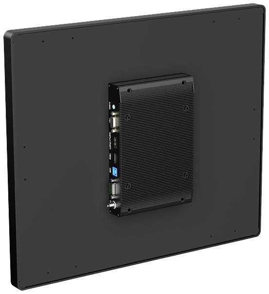 A black flatscreen device with a rectangular box on the back, which likely contains electronic connections and interfaces.