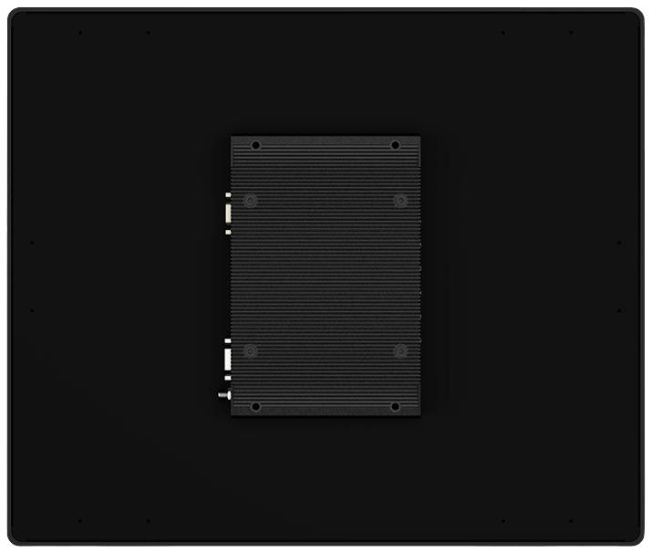 Black device from behind with multiple ports, centrally mounted on a dark surface, possibly a technical device.