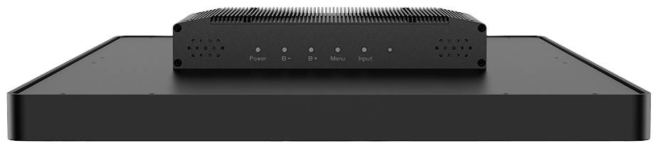 A black device with ventilation grilles and five LED indicators: 'Power', '1+', '2+', 'Mute', 'Input'. It is positioned horizontally on a larger black surface.