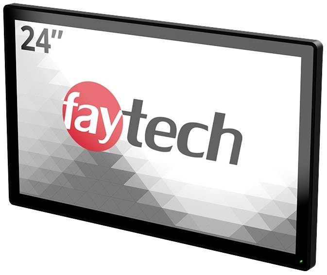 A 24-inch monitor from Faytech with a white and grey geometric background.