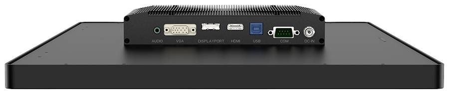 A rectangular monitor back with multiple ports: audio, DVI, DisplayPort, HDMI, USB and COM interface.