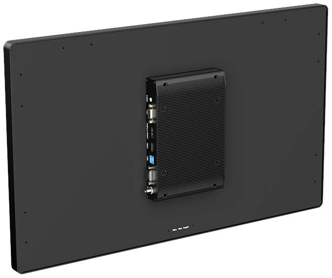 Back of a black screen with a rectangular, mounted device in the centre, showing connections and mounting points.