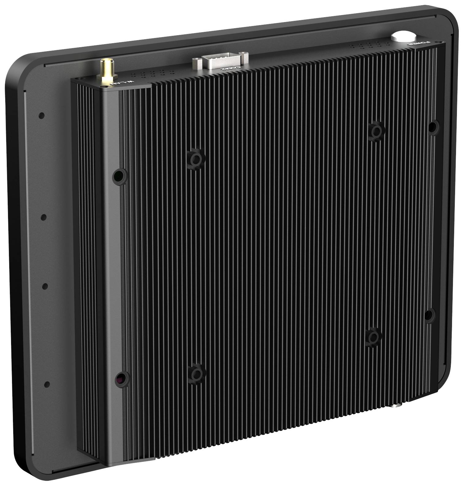 Black metal housing of an electronic device with visible connections and heat sinks.