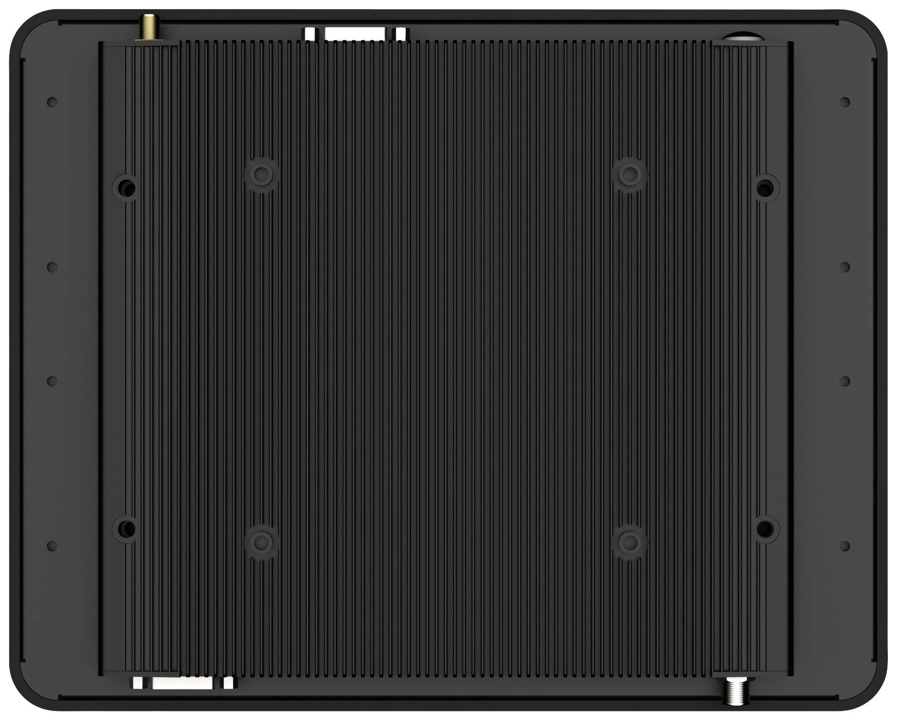 Black electronic device from behind, with visible screw holes and ports on the top and bottom edges.