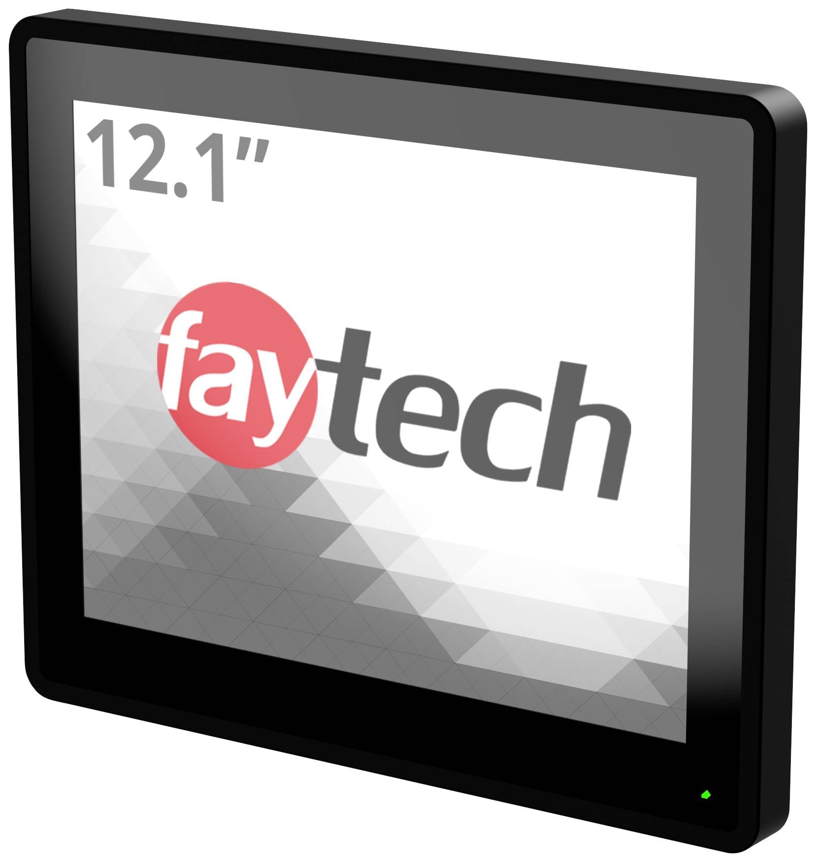 A 12.1-inch screen by faytech displays the logo on a black and white background.