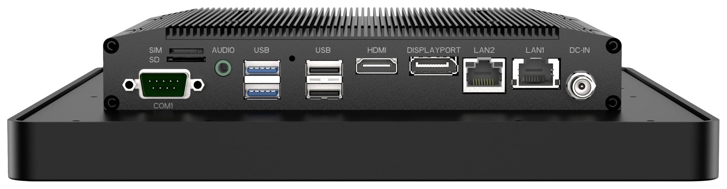 A compact computer with multiple ports: SIM, SD, Audio, USB, HDMI, DisplayPort, LAN and power connection. In a black casing.