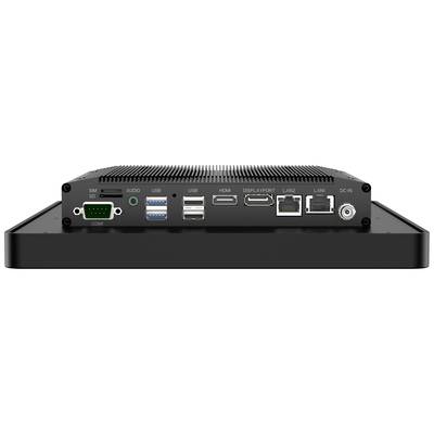 A compact computer with multiple ports: SIM, SD, Audio, USB, HDMI, DisplayPort, LAN and power connection. In a black casing.