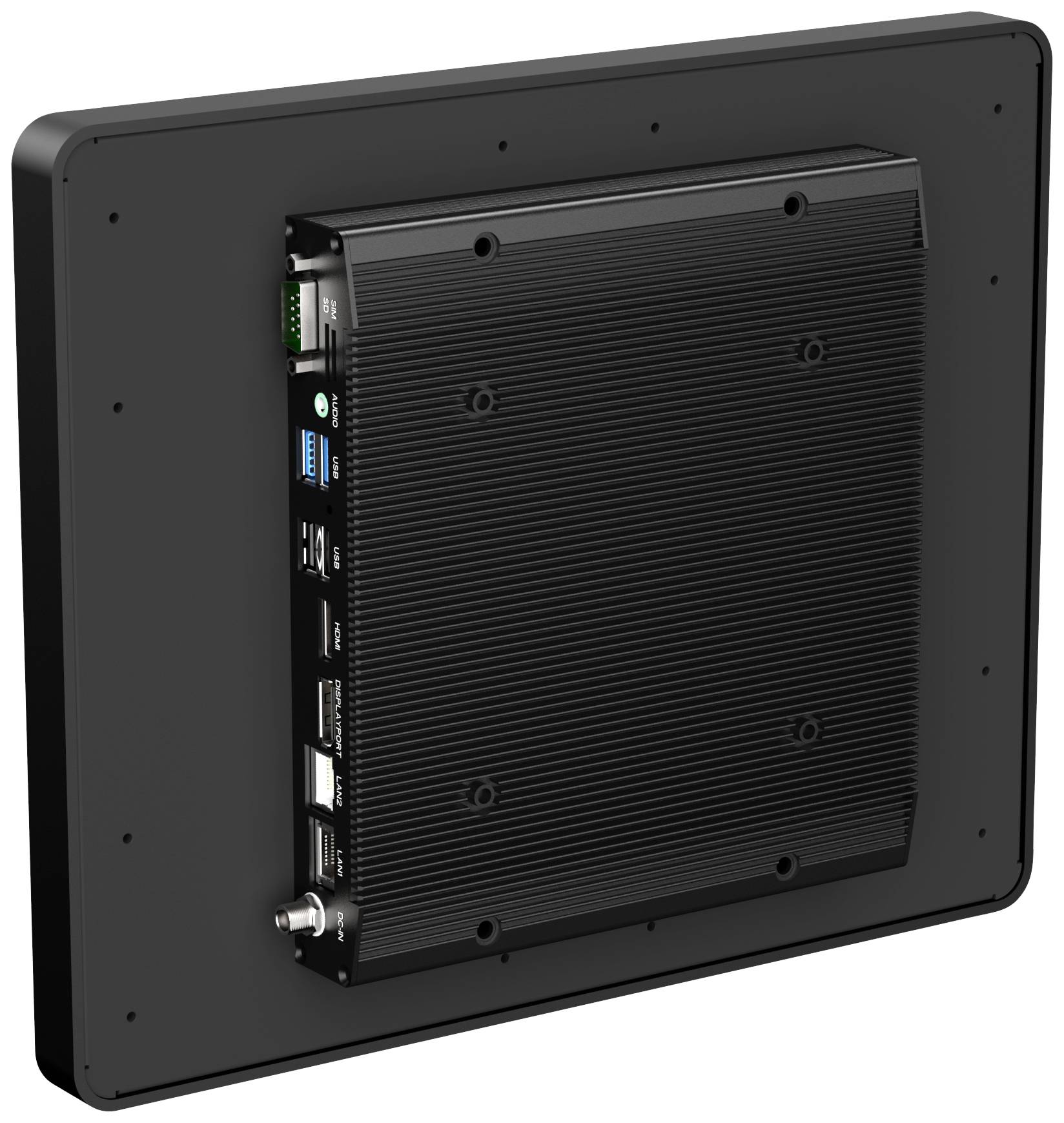 Rear view of a black monitor device with multiple ports, including USB and network interfaces.