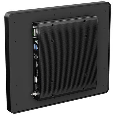 Rear view of a black monitor device with multiple ports, including USB and network interfaces.