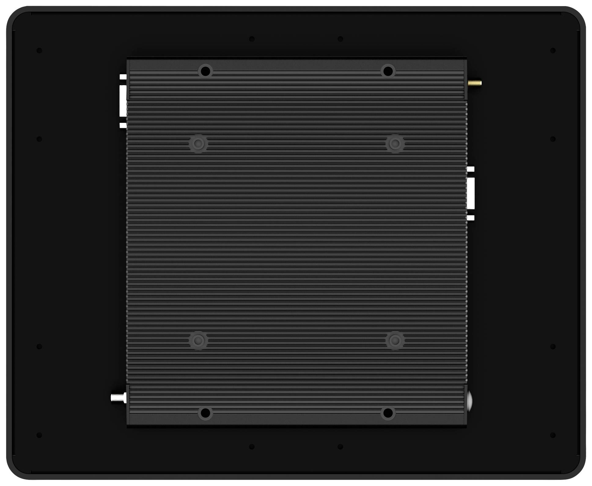 The image shows the back of a black, rectangular device with a central square panel that has mounting screws.