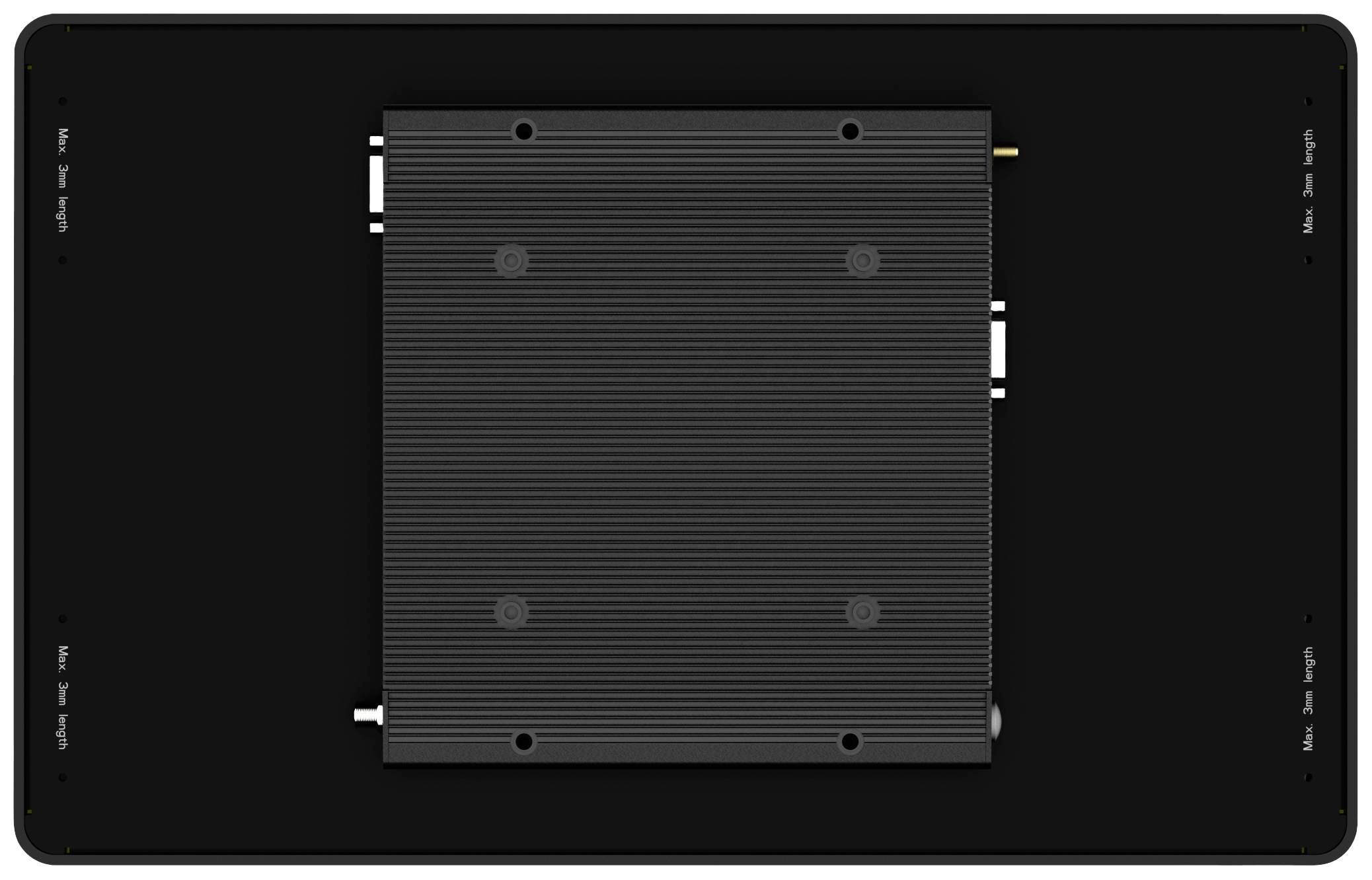 Rear view of a rectangular, ribbed electronic device, likely a mounted screen or similar device.