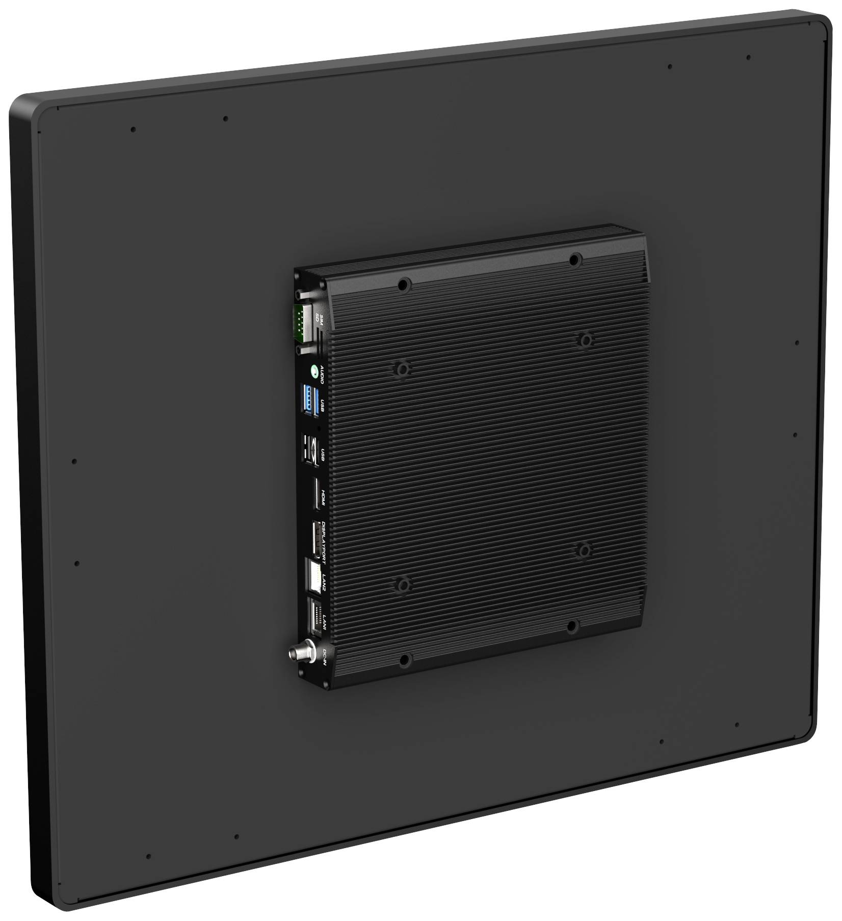 Back of a flat LED screen with visible ports and an integrated controller on a black background.
