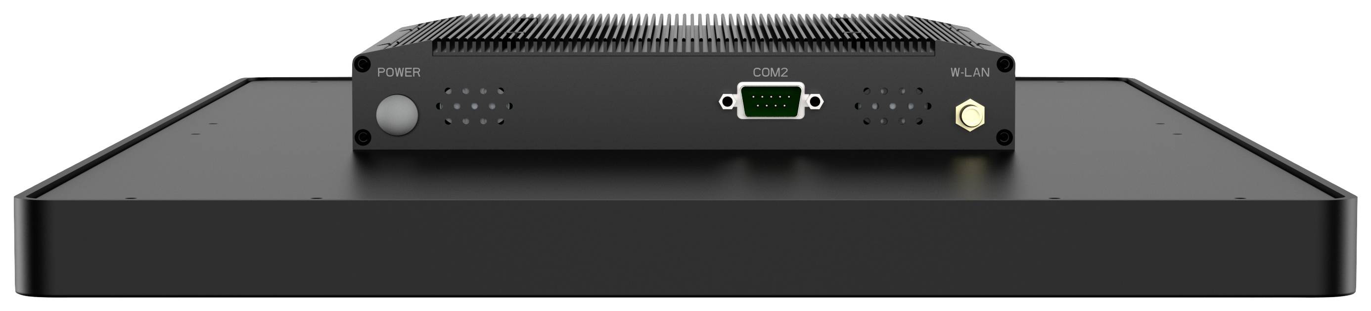 The image depicts a flat, rectangular electronic device with various ports and ventilation slots on its upper surface.