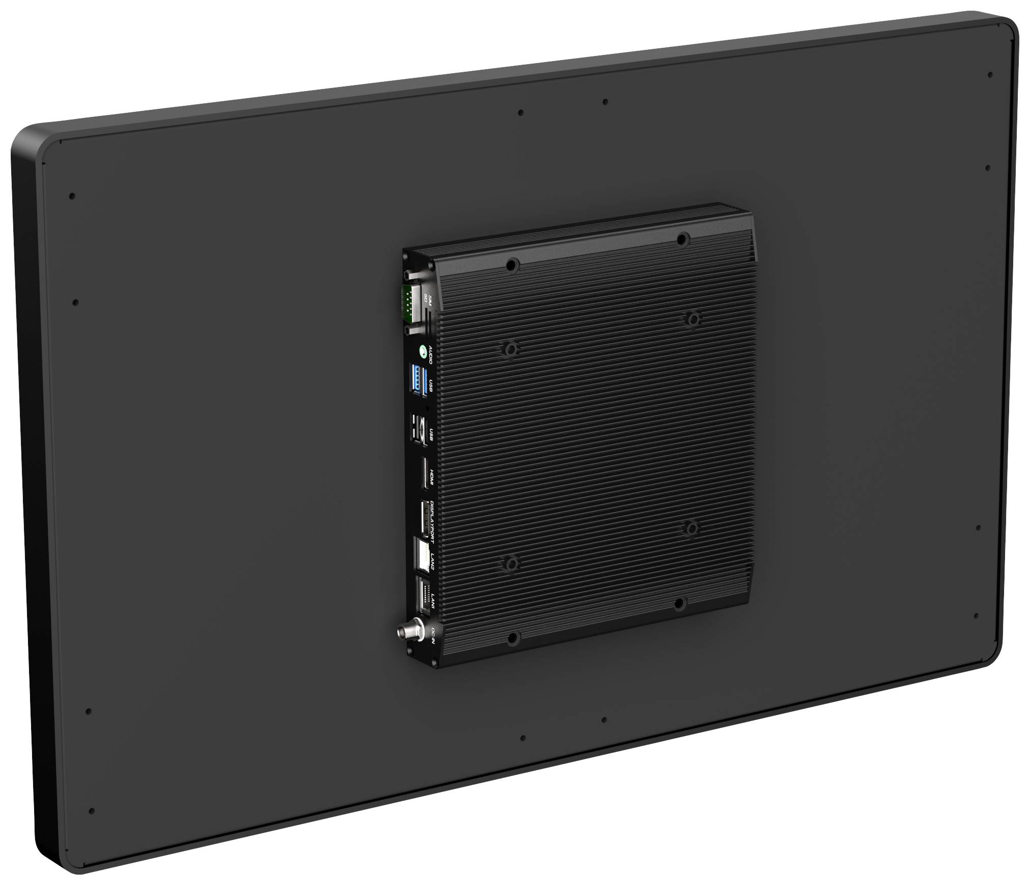 A rectangular, black-bordered screen module with connections on the rear, suitable for digital signage.
