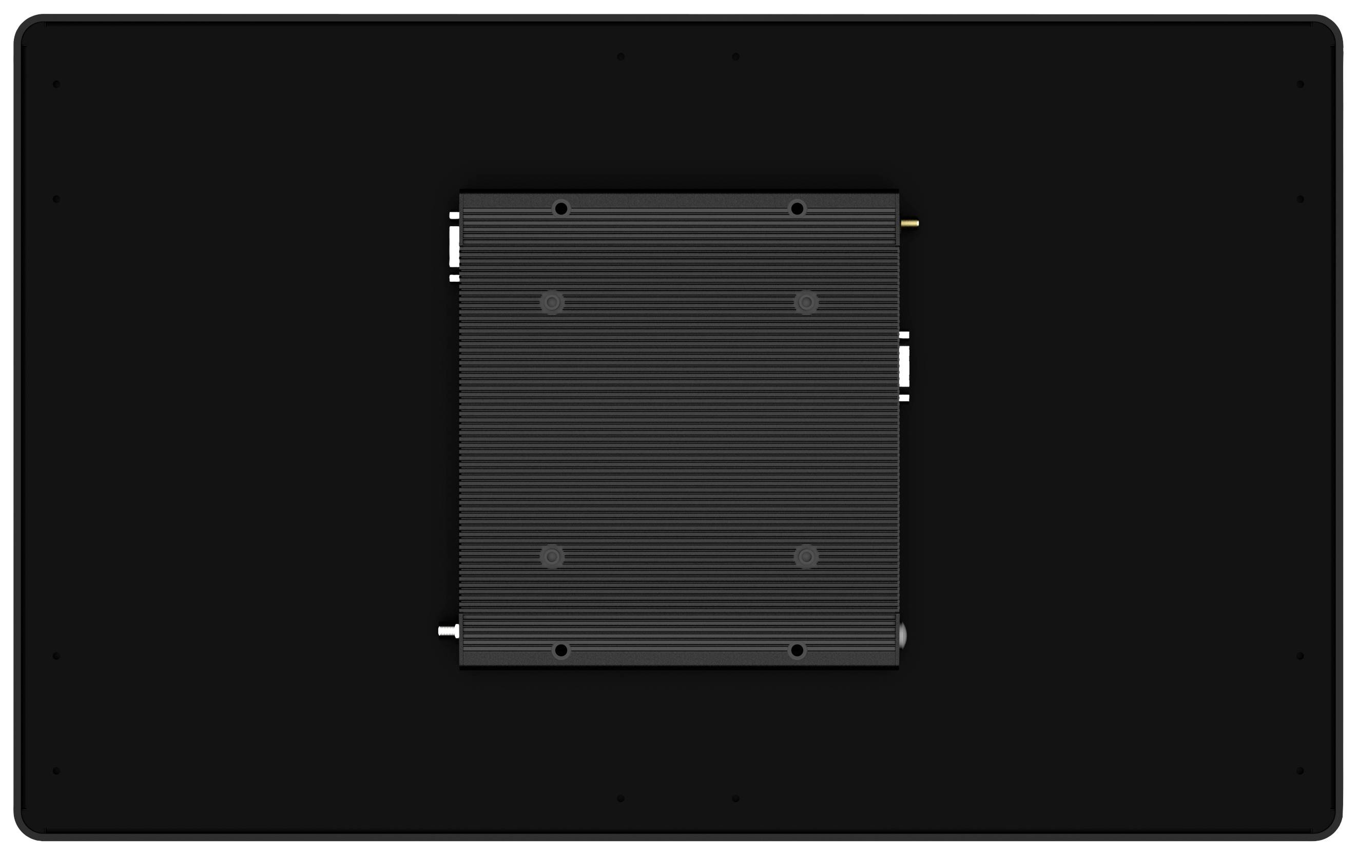 The reverse side of an electronic device with a centrally positioned, square module on a black surface.