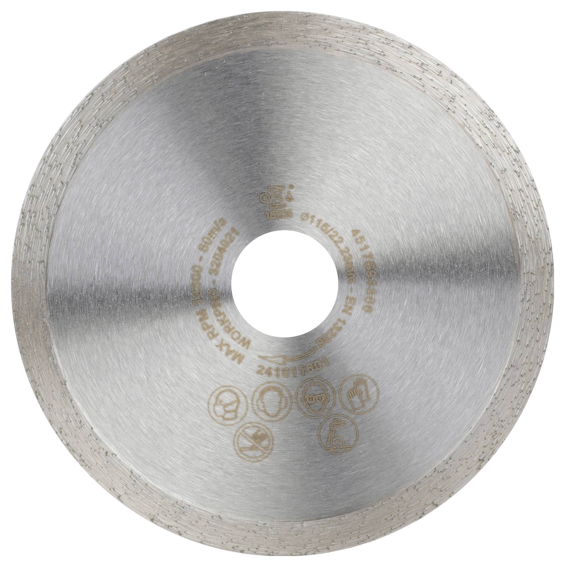 Metal saw blade with serrated edge, suitable for cutting work. A hole is located in the centre for mounting on a saw.