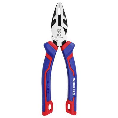 Pliers with red and blue handle, 'WORKPRO' label visible. Metallic jaws, tool for gripping or cutting work.