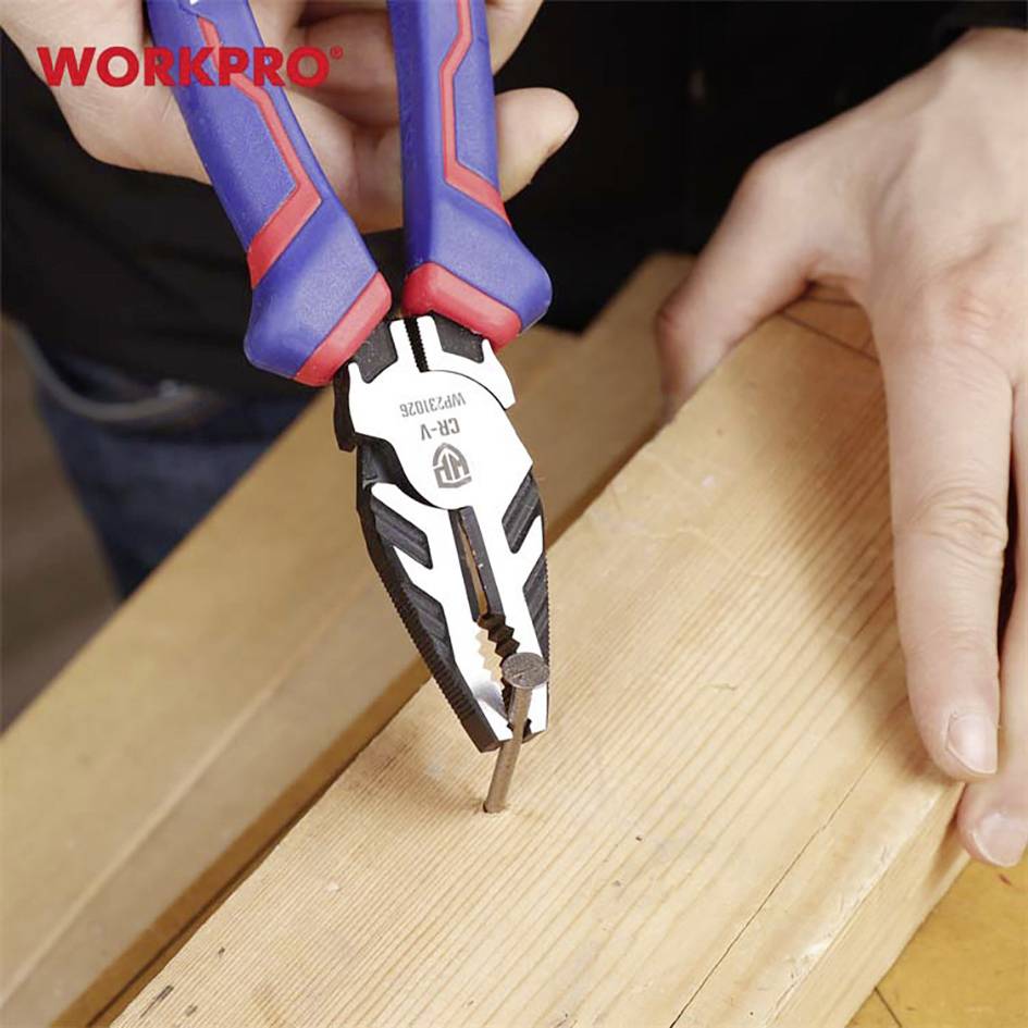 A hand is holding a combination pliers and pulling a nail out of a wooden board. The pliers are blue and red and bear the inscription 'WORKPRO'.