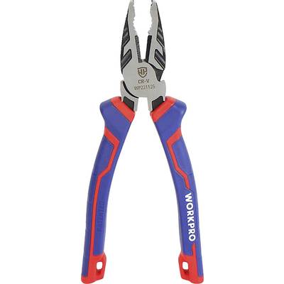 A combination pliers with a blue-red handle, suitable for gripping and cutting tasks.