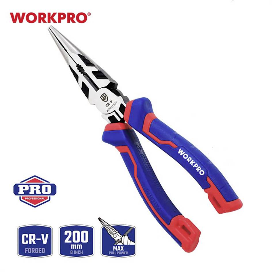 'WORKPRO' Pointed Pliers, Professional Tool, Blue-Red, 200 mm, Manufactured from CR-V Steel, Maximum Leverage Highlighted.