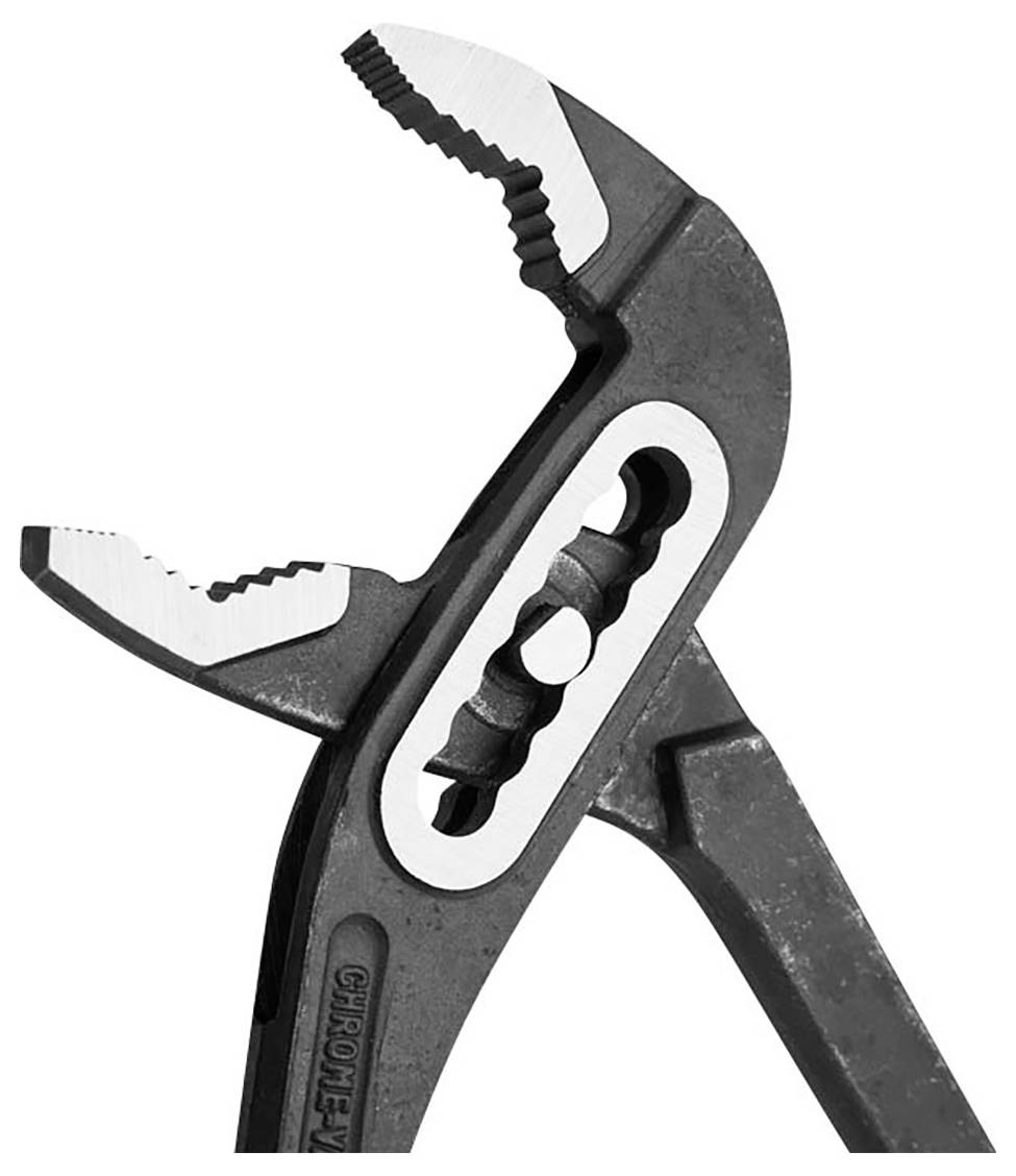 A black, adjustable spanner with serrated jaws for adapting to different screw sizes.