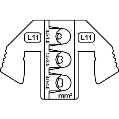 Black and white drawing of a cable connection adapter with markings for cable sizes: 0.5-1.0 mm², 1.5-2.5 mm², 3.0-4.0 mm².