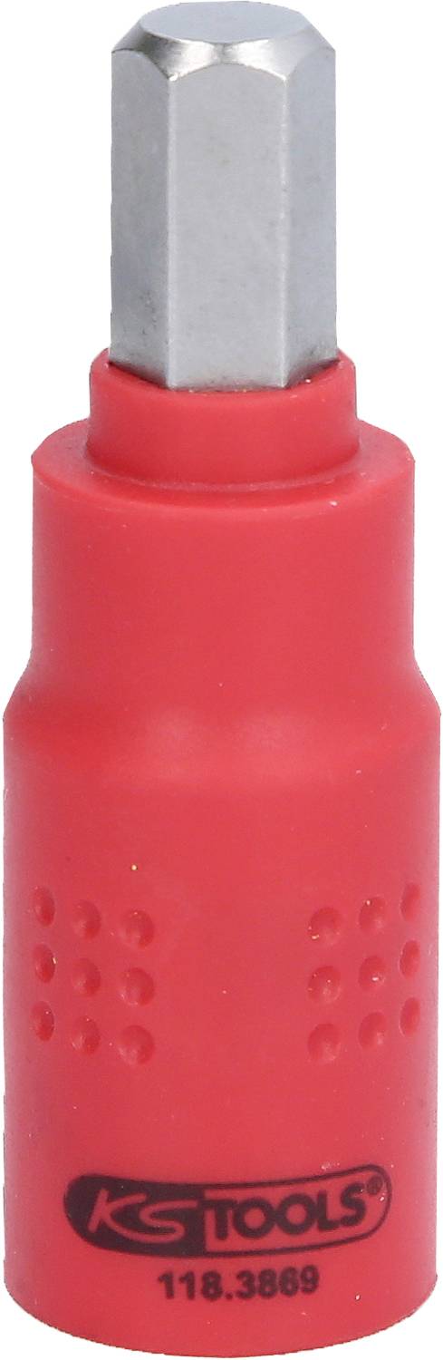 Red screwdriver bit with hexagonal metal head and inscription 'KS Tools 118.3869'.