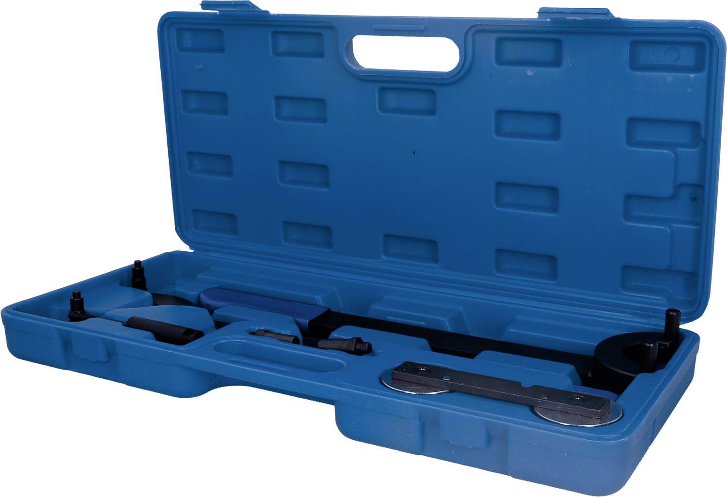 An open blue toolbox with various tools in custom compartments that can be used for engine maintenance.