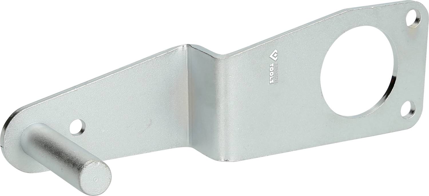 Metal mounting bracket with a round bolt and hole for fastening, made of silver-coloured metal. Suitable for technical applications.