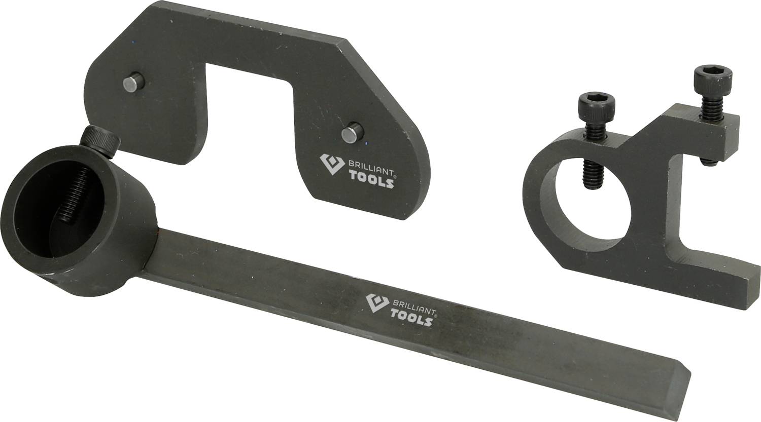 Three metal tools with screws and fixtures, possibly used for vehicle repairs, on a white background.