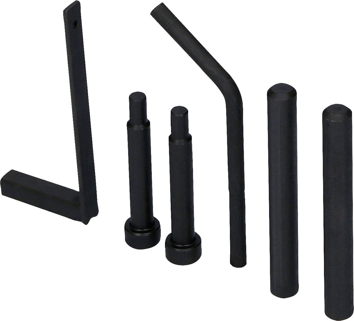 A set of six black steel tools of different shapes and sizes, likely for use in mechanical or technical applications.