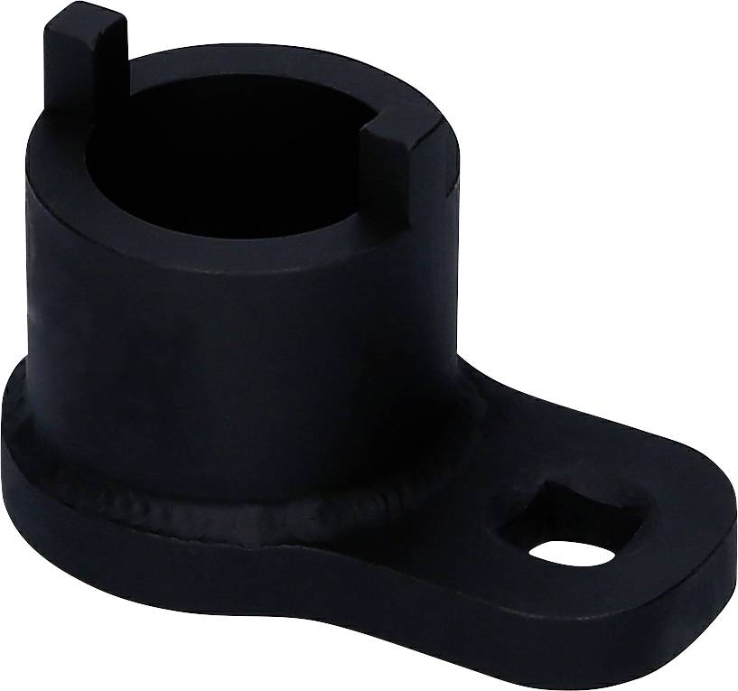 A black, cylindrical metal component with a base containing two openings, likely for mounting purposes.