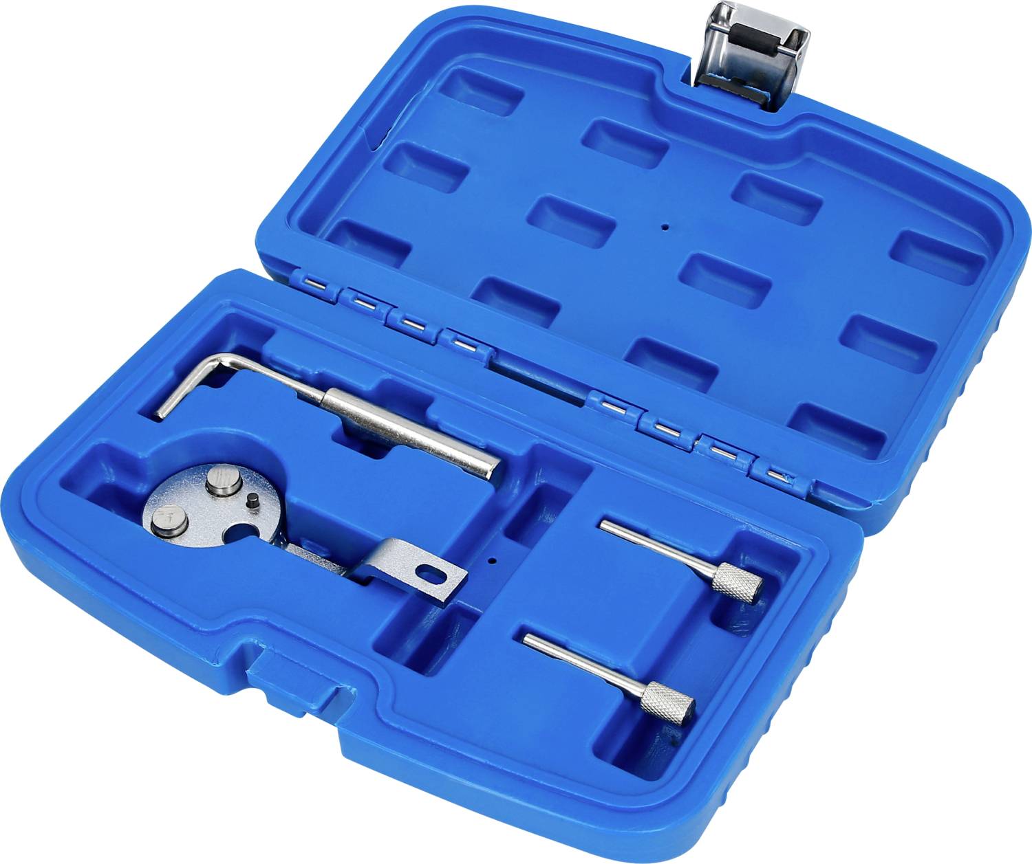 Blue toolbox with metal tools for brake adjustment. Contains various parts in moulded foam.