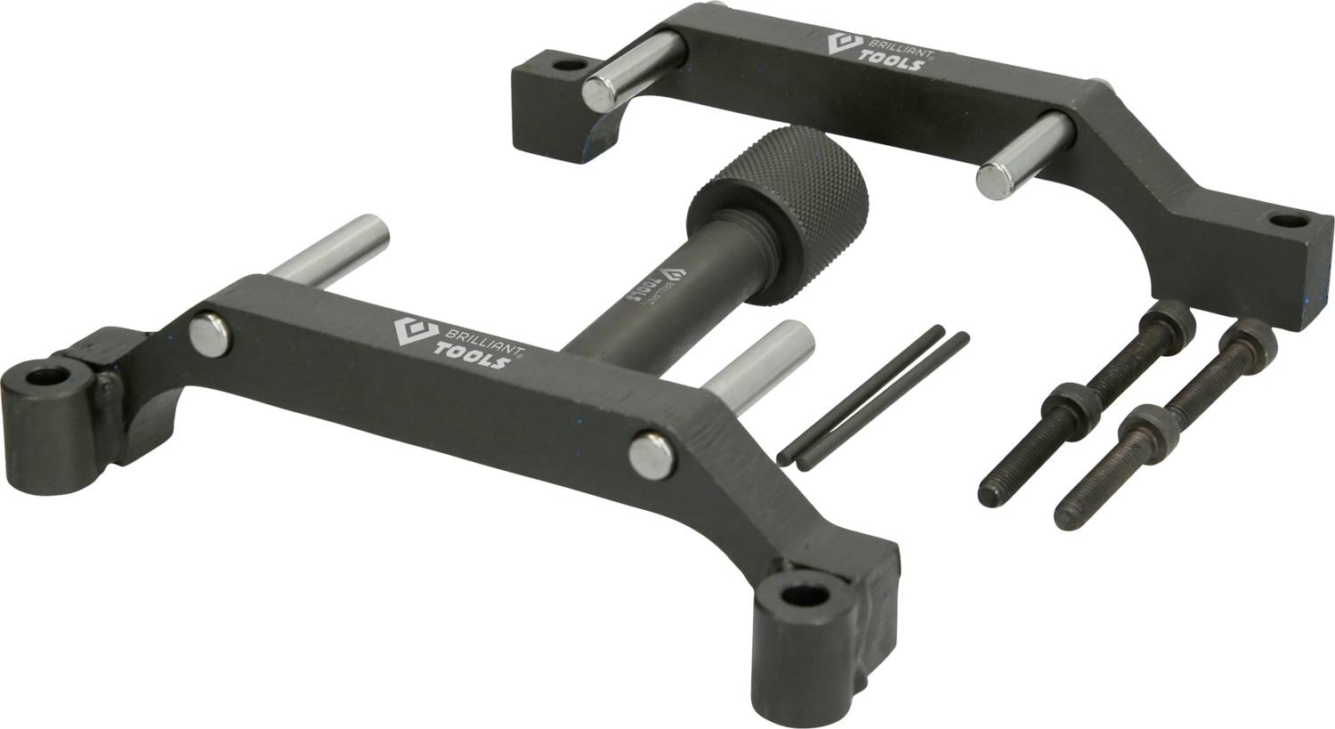 'Shown is a black motor adjustment tool set with various parts, including two screws and adjustable arms.'