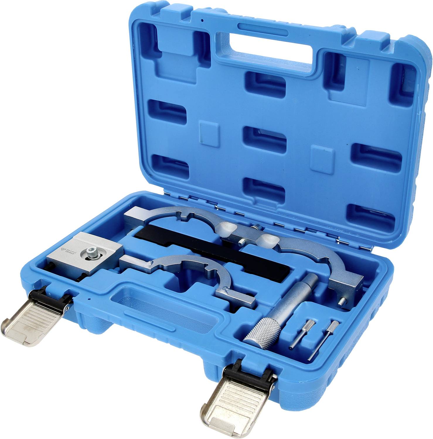 A blue toolbox with an open lid, displaying various metal tools and accessories for specialised repairs or modifications.