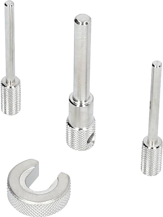 Four silver metal tools, including pens and a semi-circular clamp, on a white background, intended for precision mechanics.