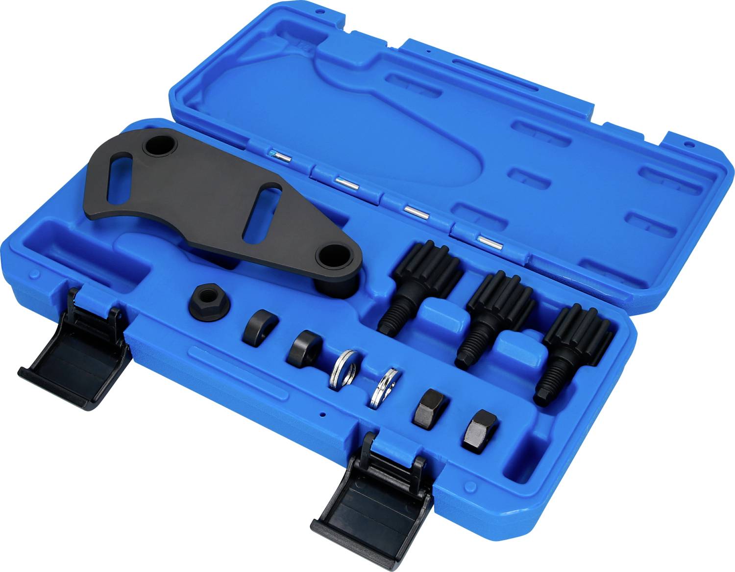 Blue tool case with various metal parts and accessories, including screwdriver heads and adapters, for car repairs.
