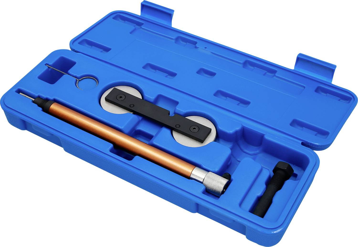 Blue toolbox with tools for motor repair, including an orange metal rod and black attachments, designed for precise applications.