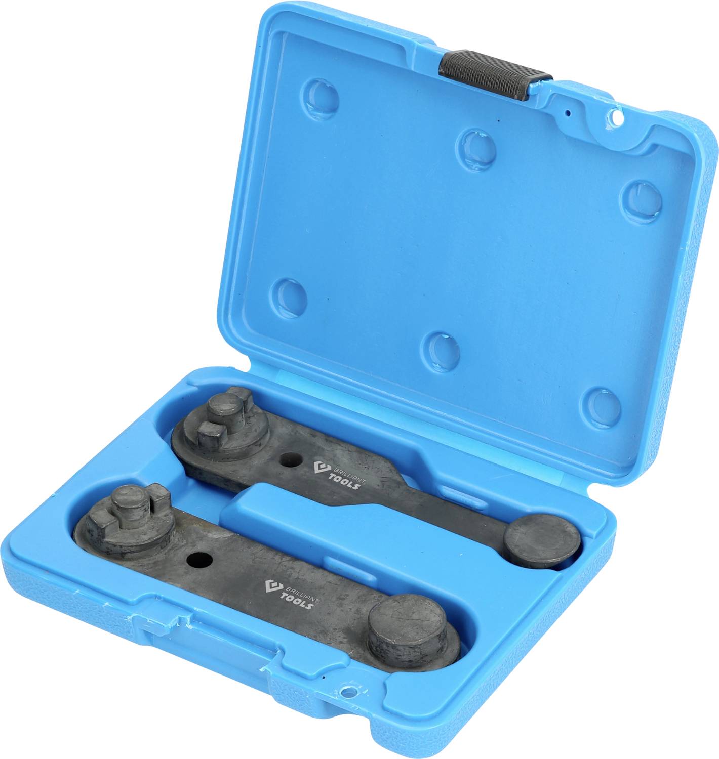 A blue plastic case with two black metal tools, neatly arranged inside, shown open.