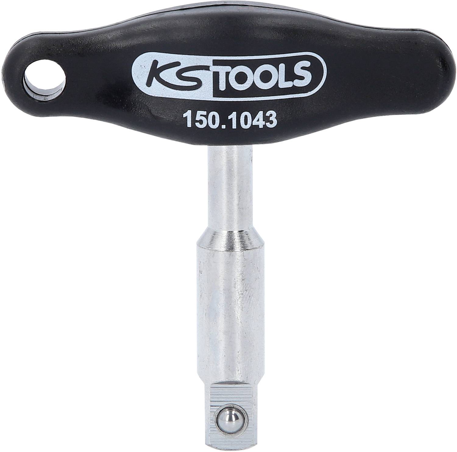 'T-handle socket wrench by KS Tools with model number 150.1043. The handle is black with a circular opening at one end.'