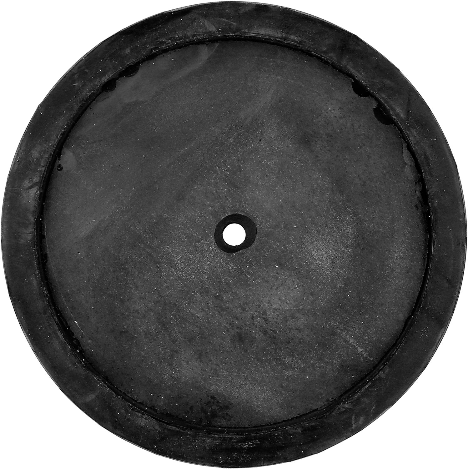 A black, round rubber wheel with a hole in the centre. It has a smooth surface and may potentially be used as a replacement tyre.