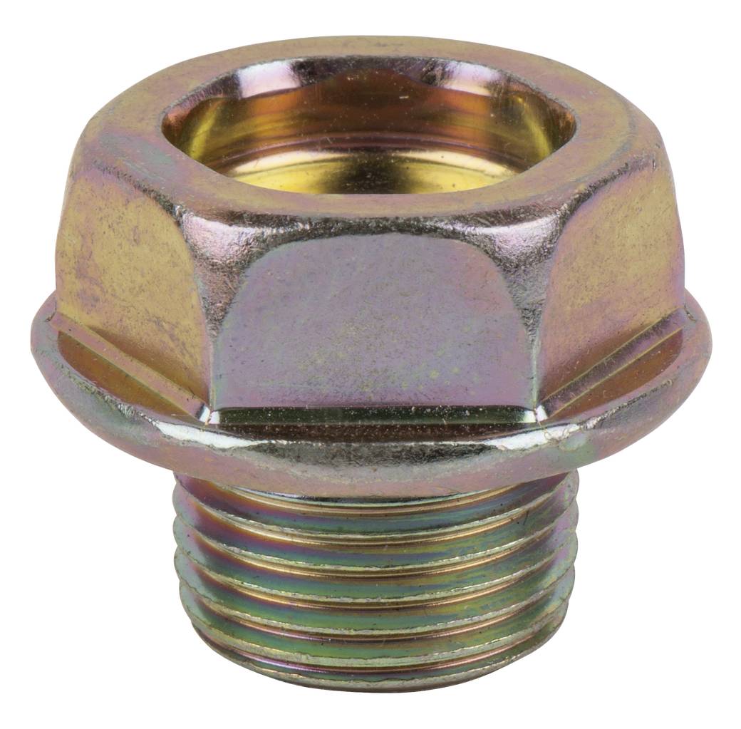 A six-sided metal nut with internal threading, shimmering in a gold-like colour. Primarily used for securing bolts.